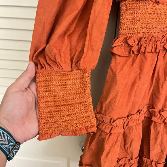 New House of Harlow Deep V Ruffle long sleeve corduroy dress - Picture 3 of 9